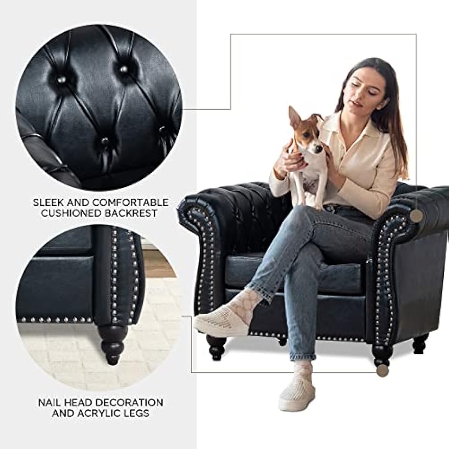 Black Faux Leather Chesterfield Accent Chair with Tufted Upholstery, Wingback Design & Club Style for Living Room, Bedroom, Office Furniture