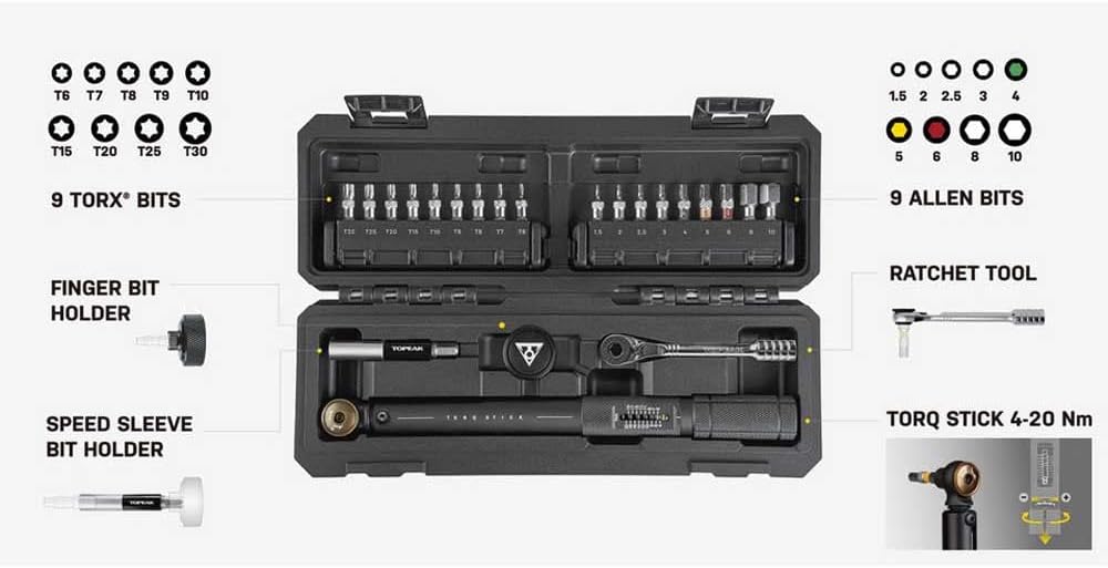Topeak Torq Stick Pro 4-20 Nm, Tool Box w/TorqStick 4-20nm, mini Ratchet Tool, Finger bit Holder, Speed Sleeve bit Holder, 18 Tool bits (4-20Nm, 18 Tool Bits)