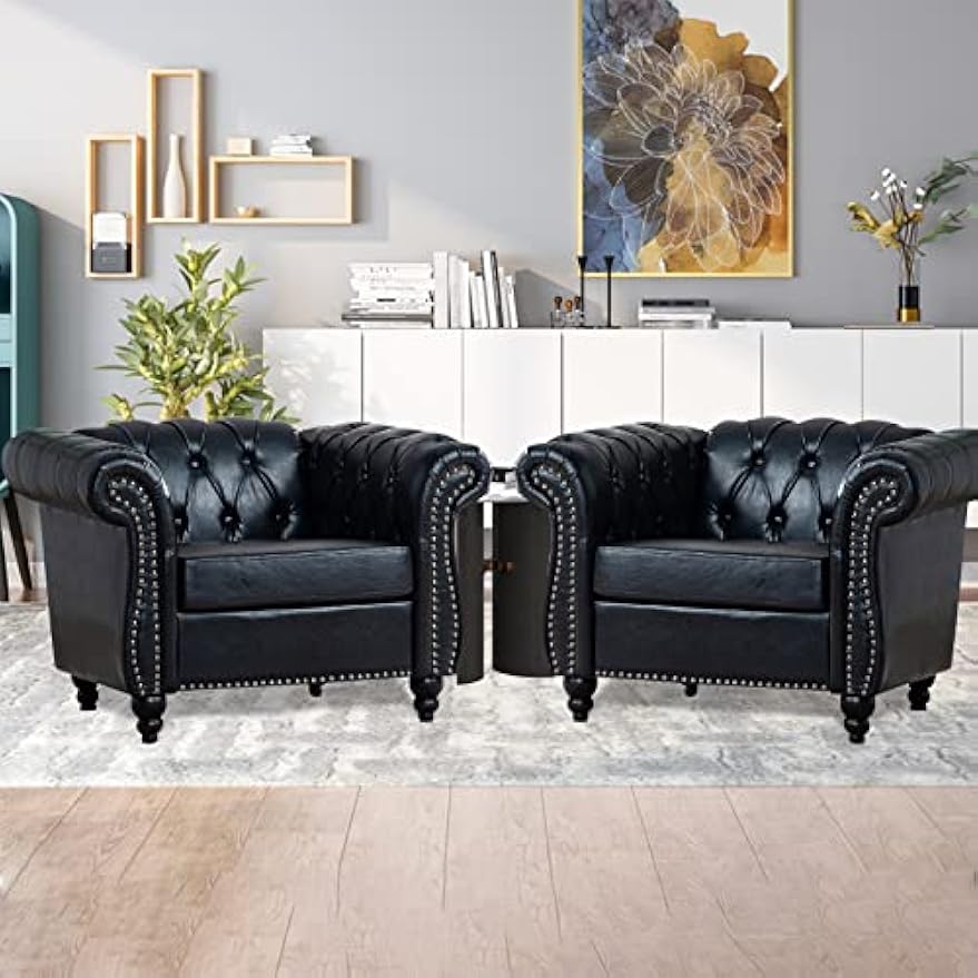 Black Faux Leather Chesterfield Accent Chair with Tufted Upholstery, Wingback Design & Club Style for Living Room, Bedroom, Office Furniture