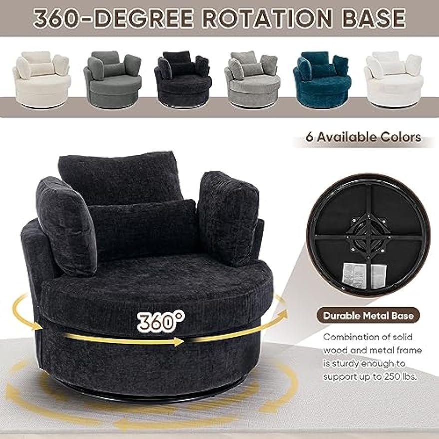 Swivel Chair, Swivel Barrel Accent Sofa Chair, Modern Chenille Club 360 Degree Swivel Chair, 42-inch Oversized Leisure Arm Chair for Nursery, Living Room, Hotel, Bedroom, Office, Lounge, Black