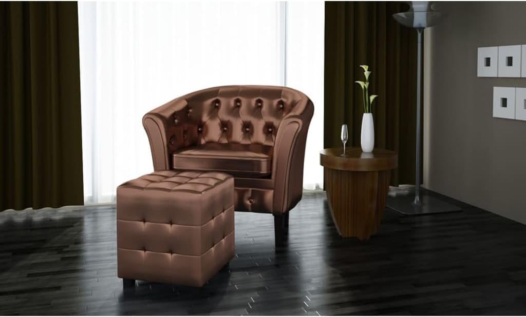 Tub Chair with Footstool Brown Faux Leather Living Room Chairs Lounge Chair Chair for Bedroom Suitable for Bedroom, Living Room, Patio.