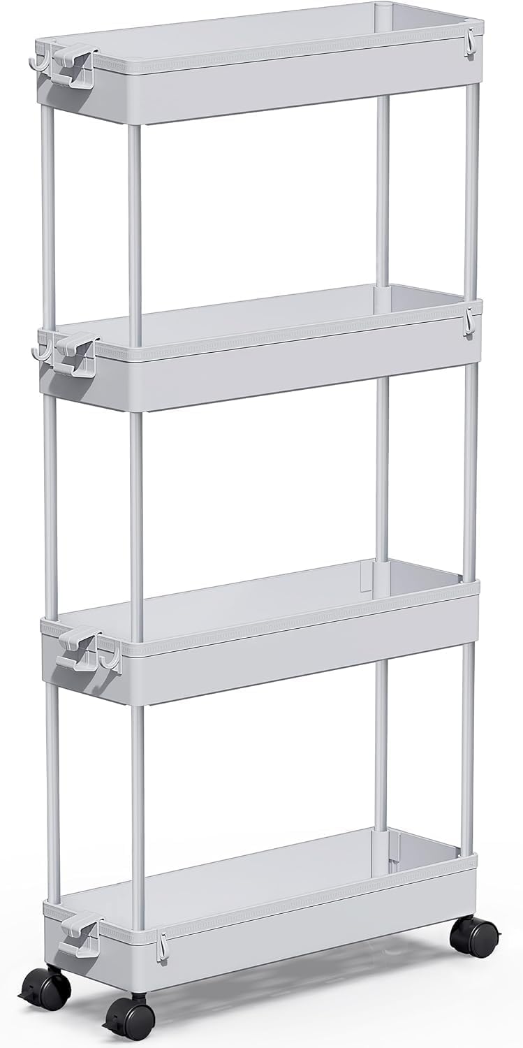 SPACEKEEPER Slim Rolling Storage Cart 4 Tier Bathroom Organizer Mobile Shelving Unit Utility Cart Tower Rack for Kitchen Laundry Narrow Places, White