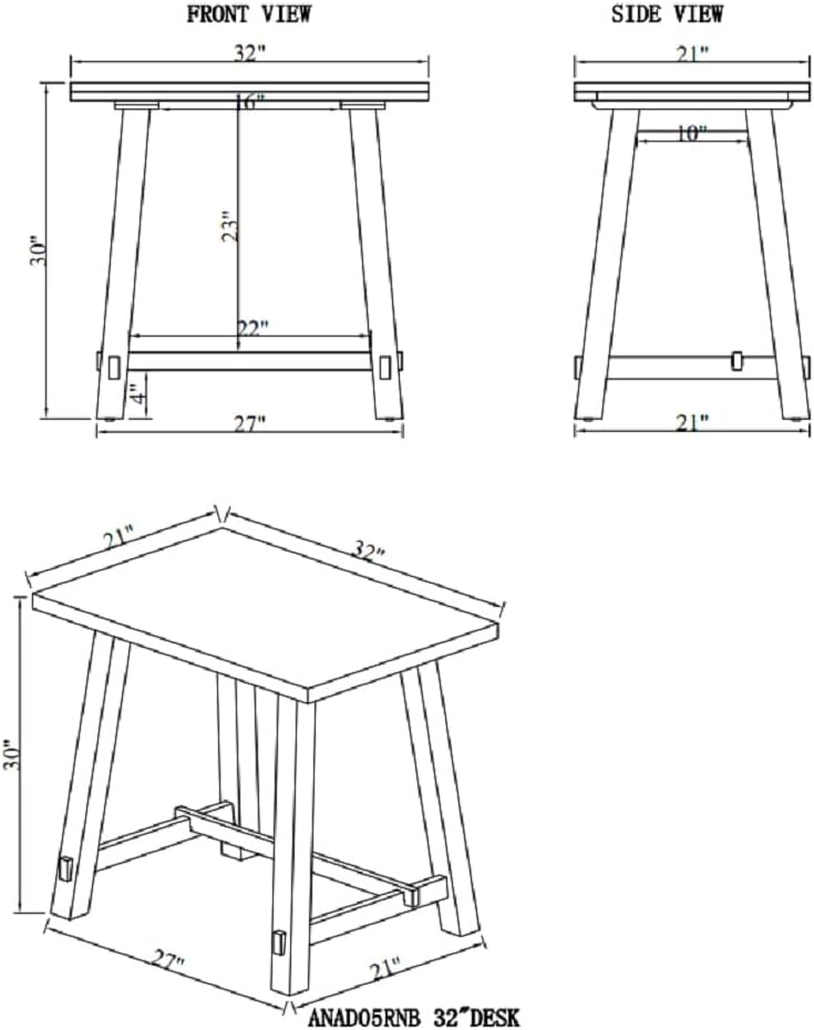 Adam 32 in. Solid Pine Wood Desk, Rustic Industrial Style, Distressed Black Sawhorse Legs, Compact Office Desk, Natural Wood Characteristics, 32 in. W x 21 in. D x 30 in. H, Ideal for Home Office