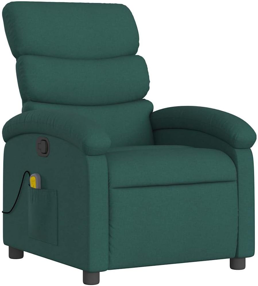 vidaXL Massage Recliner Chair for Adults, Single Theater Seating with Vibration Massage & Manually Adjustable Backrest/Footrest, Modern Reclining Sofa for Living Room, Dark Green Fabric