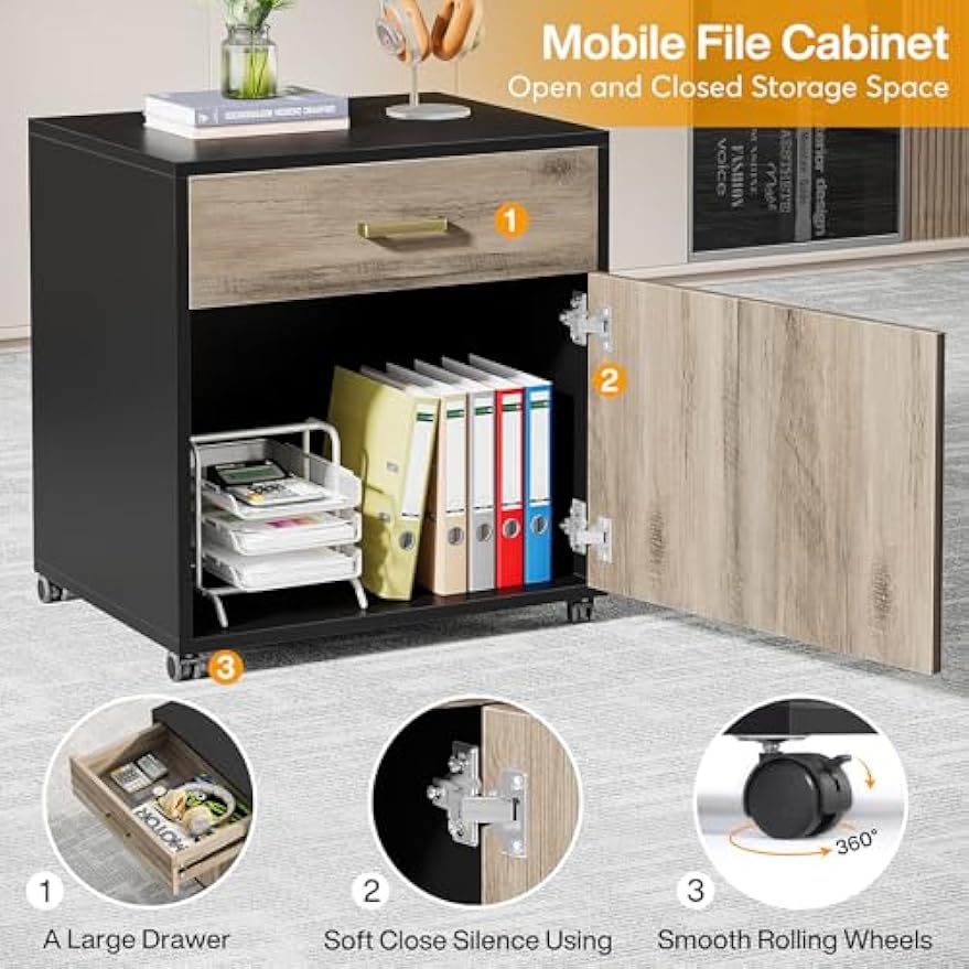Tribesigns 70.8" L-Shaped Executive Desk with Drawer Cabinet, Large Executive Office Desk with Separate File Cabinet, Home Office Desk Workstation Business Furniture Set, Retro Gray