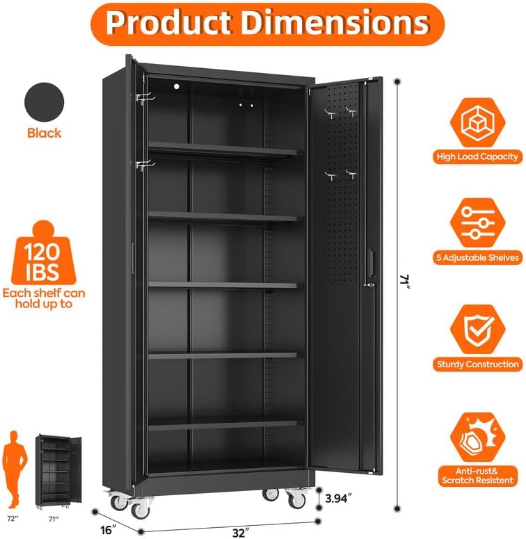 Aobabo Garage Storage Cabinet with Door Pegboard,Lockable Metal Storage Cabinet with 5 Adjustable Shelves for Garage Home,Required Assembly,Black