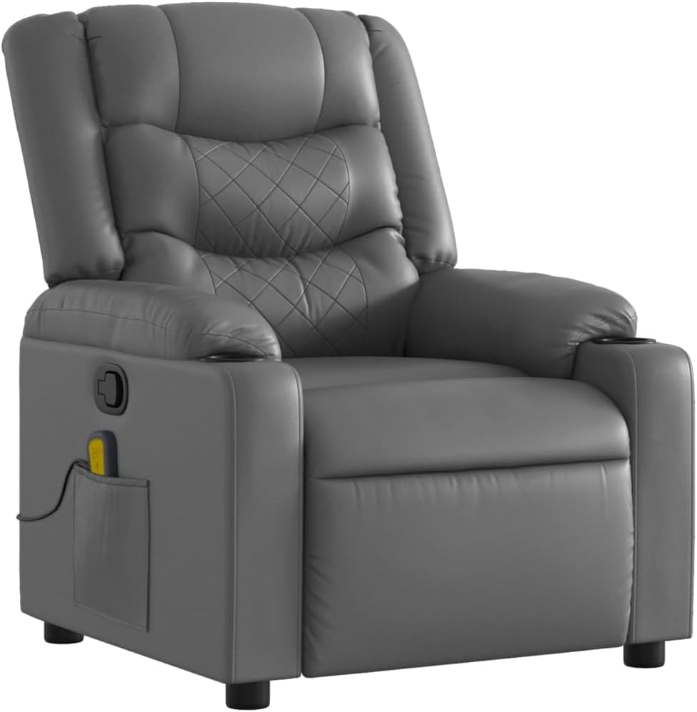 vidaXL Ergonomic Massage Recliner Chair-Adjustable Faux Leather Armchair w/Vibration, Manual Recline, Cup Holders for Living Room/Lounge-Gray