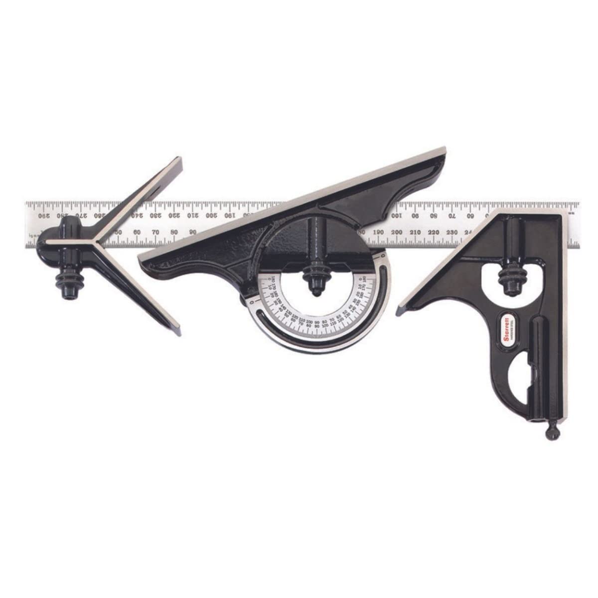 Starrett Combination Set with Square, Center and Reversible Protractor Head and Blade - 12" Blade Length, Forged and Hardened Steel, 16R Graduation Type - C434-12-16R