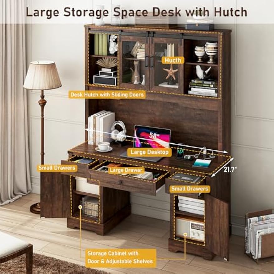 76" Height Farmhouse Desk with Sliding Door Hutch, Wood Office Executive Workstation Computer Desk with Charging Station, Drawers and Storage Cabinet, for Work, Sturdy, Game, Brown