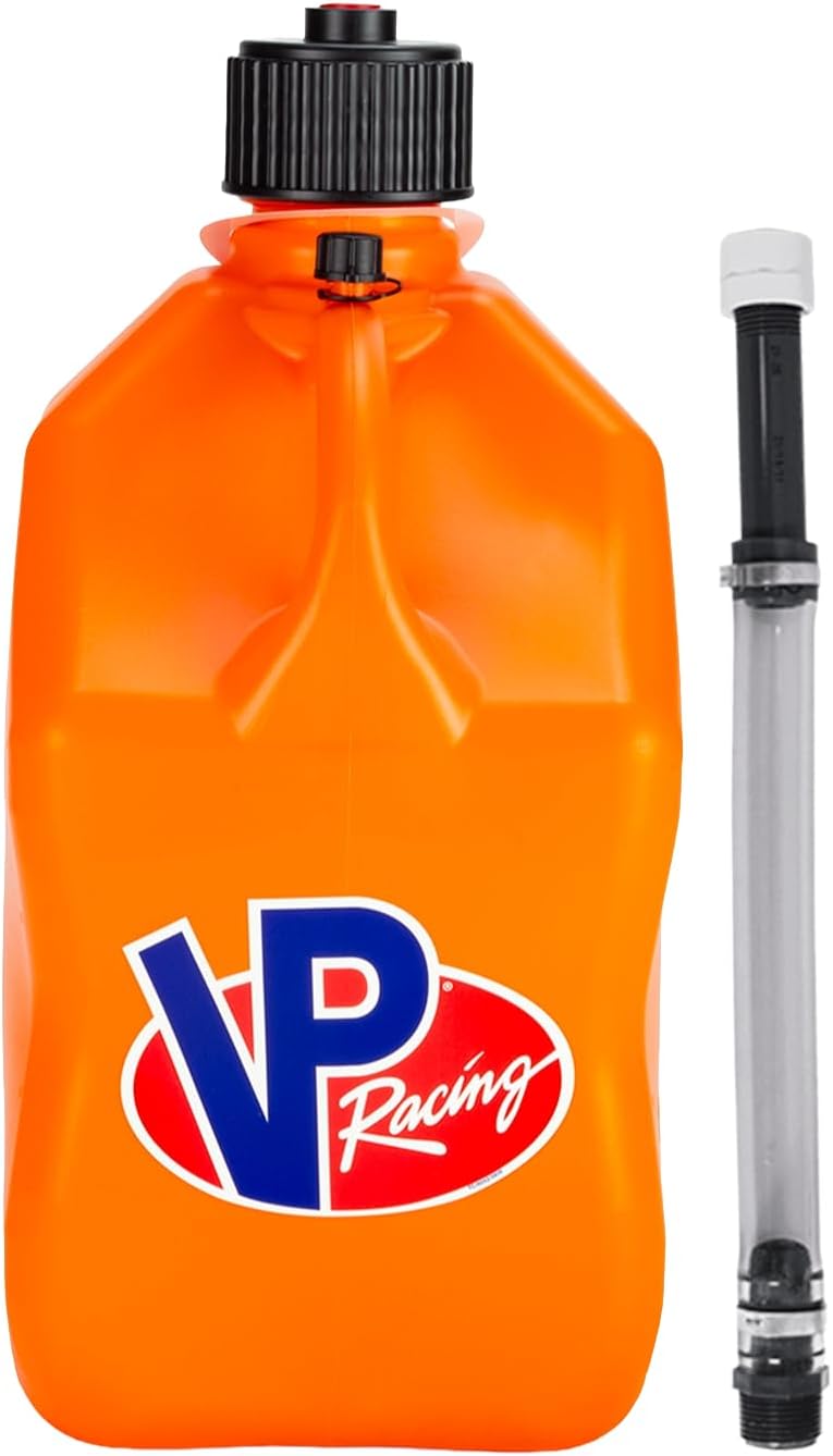 VP Racing Fuels 5 Gallon Square Motorsport Utility Jug Orange w/ 14 Inch Standard Hose. Features Close-Trimmed Cap and Neck for Tight Seal