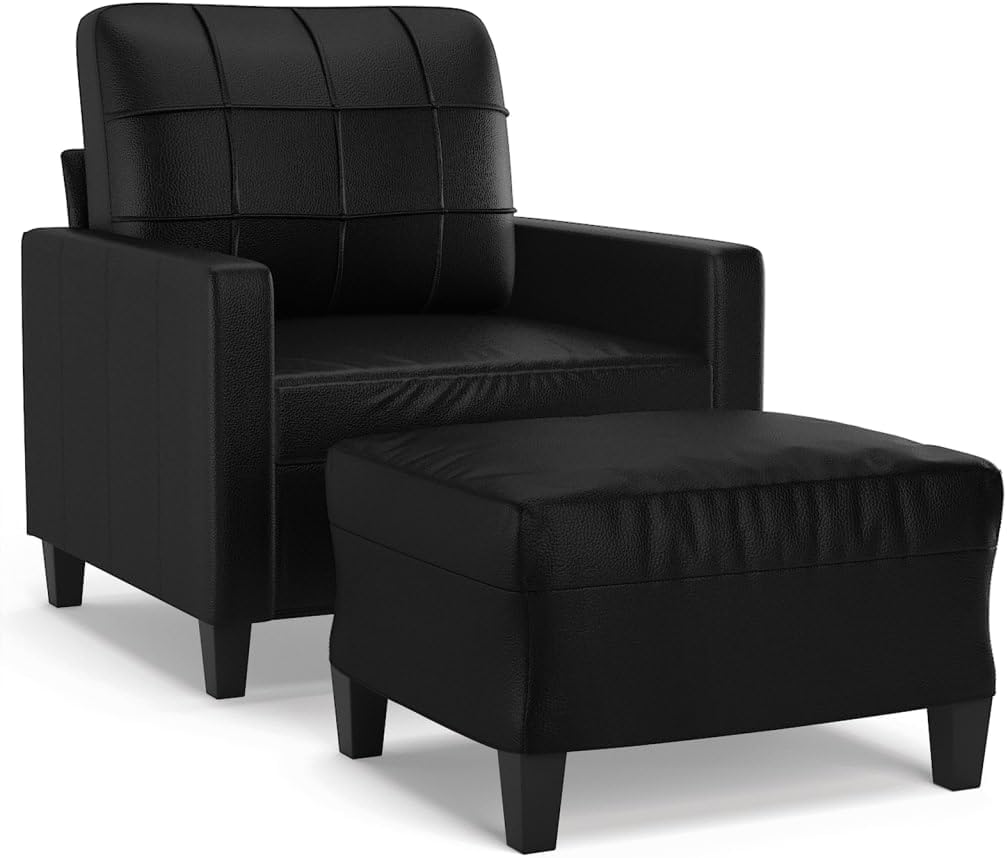 vidaXL Durable Black Faux Leather Sofa Chair with Footstool - Comfortable Padded Seat, Recliner, Lounger, Plush Armrests - Sleek Modern Design for Living Room, Lounge, Bedroom