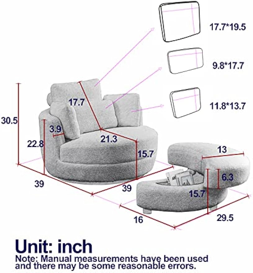 39" W Oversized Swivel Chair Barrel Armchair with Half Moon Storage Ottoman for Living Room, Sherpa Teddy Upholstered Leisure Lounger Chair Circle Round Armchair with 4 Pillows for Bedroom Nursery