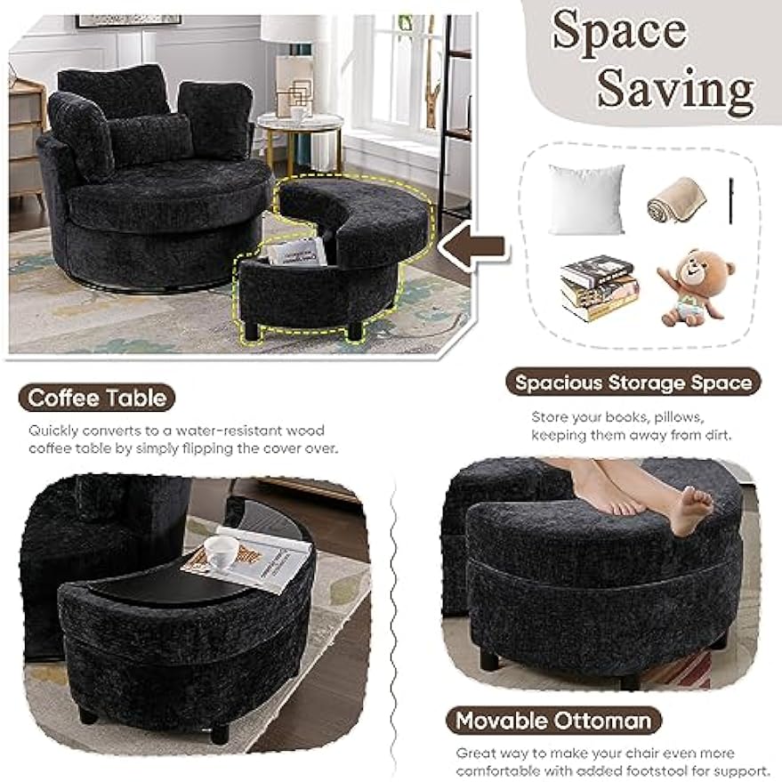 Swivel Chair, Swivel Barrel Accent Sofa Chair, Modern Chenille Club 360 Degree Swivel Chair, 42-inch Oversized Leisure Arm Chair for Nursery, Living Room, Hotel, Bedroom, Office, Lounge, Black