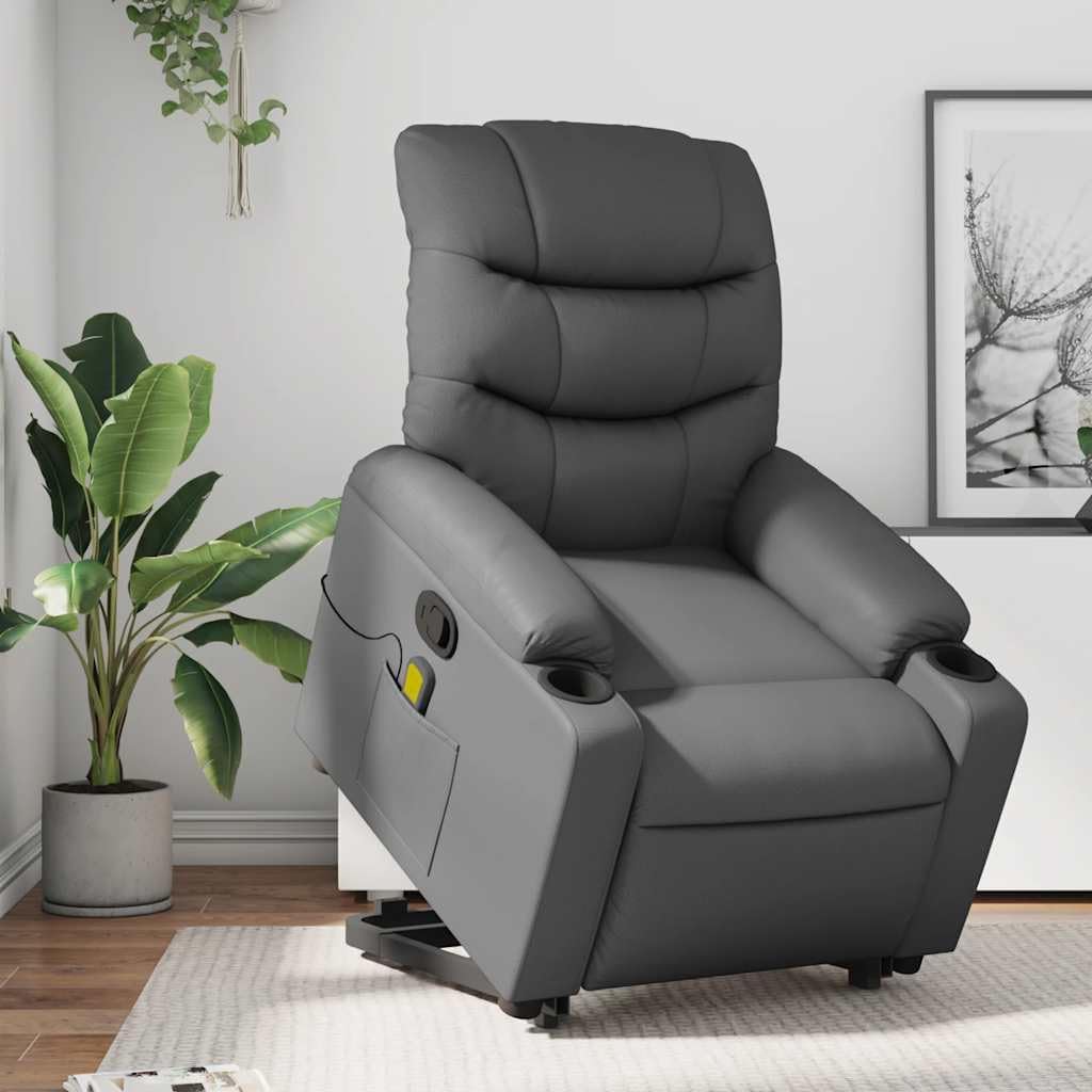 vidaXL Stand Up Power Lift Recliner Chair - Gray Faux Leather Massage Armchair with Cup Holders, Manual Recline for Living Room