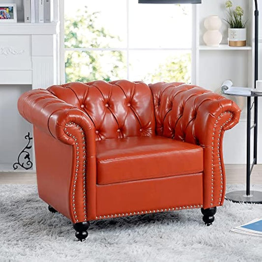 Bellemave Orange Leather Chesterfield Tufted Club Chair, Single, Modern, Traditional, Living Room, Bedroom, Office