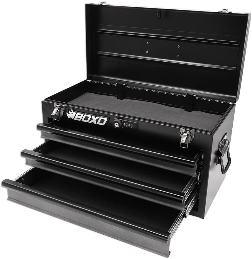 Boxo USA Heavy-Duty 3-Drawer Steel Tool Box - Portable Hand Carry Toolbox Organizer with Ball Bearing Slides & Secure Key & Digital Lock System (Black)
