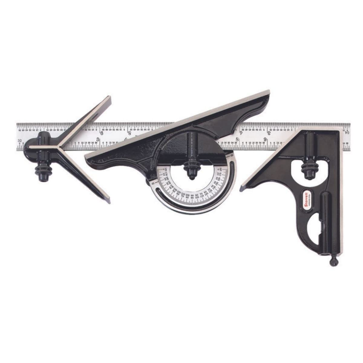 Starrett Combination Set with Square, Center and Reversible Protractor Head and Blade - 12" Blade Length, Forged and Hardened Steel, 16R Graduation Type - C434-12-16R
