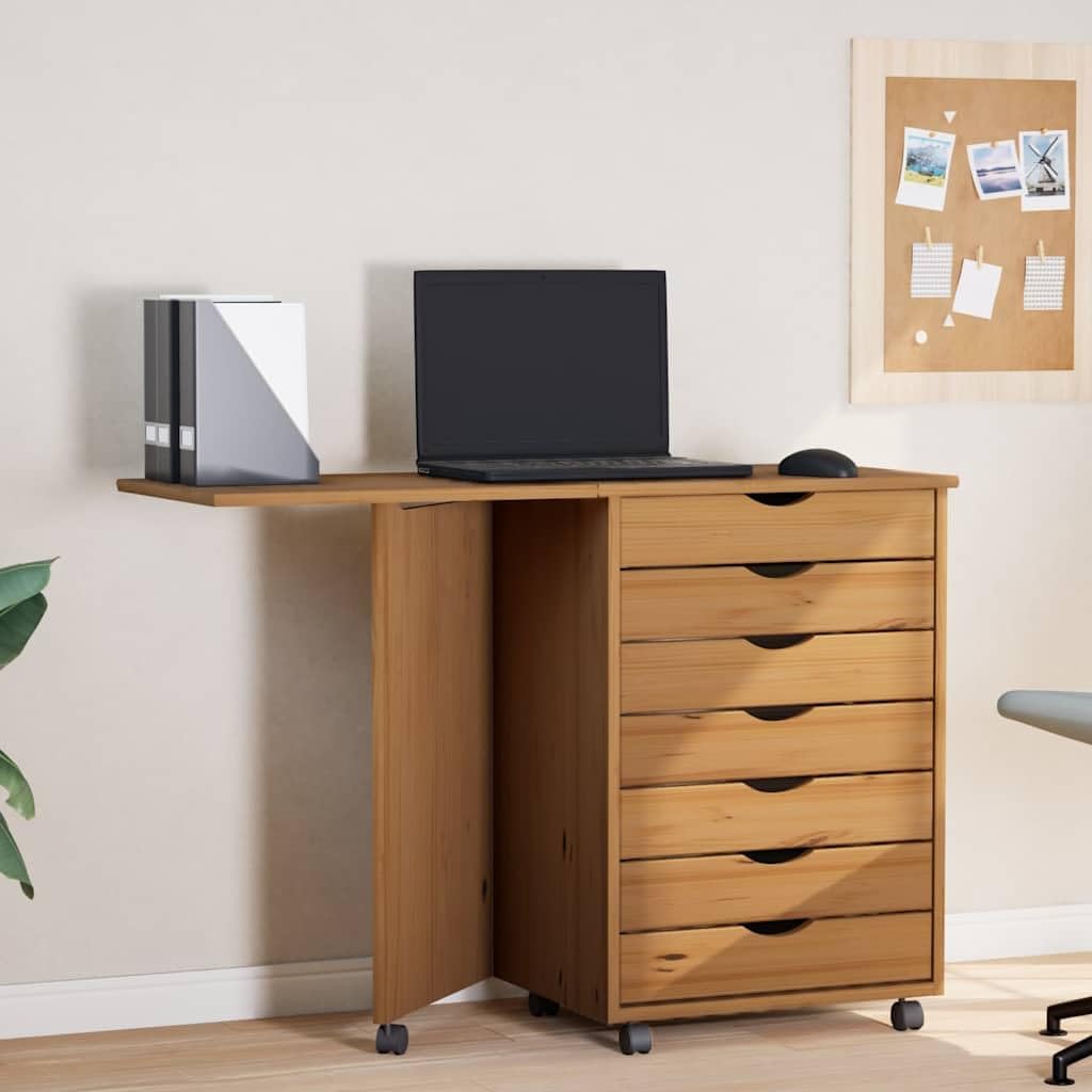 vidaXL Moss 7-Drawer Chest with Foldable Desk, Solid Pine Wood Mobile File Cabinet, Storage Cabinet on Wheels, Chest of Drawers for Home Office, Easy Assembly & Maintenance, Honey Brown