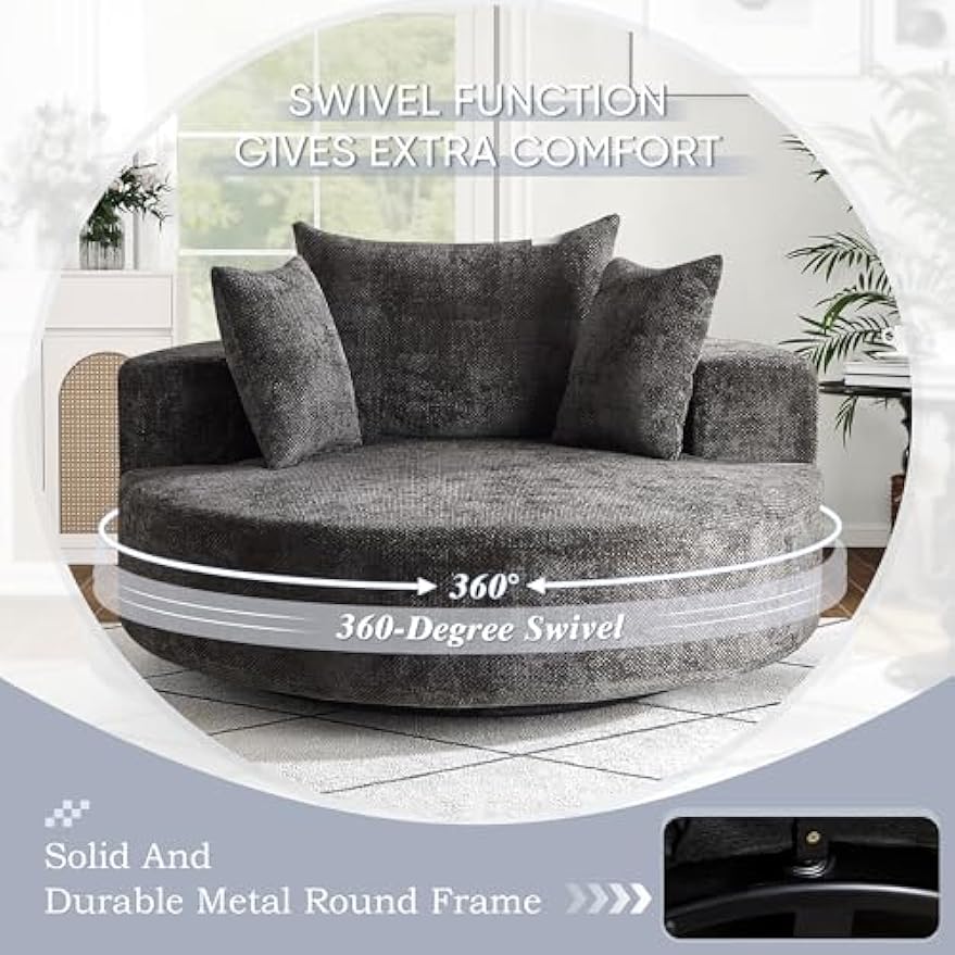 SLEERWAY 55"W Oversized Swivel Accent Chair, Large Barrel Chairs Upholstered Round Swivel Chair, Chenille Single Sofa Armchair, Modern Sleeper Chair for Living Room, Lounge and Projection Room, Black