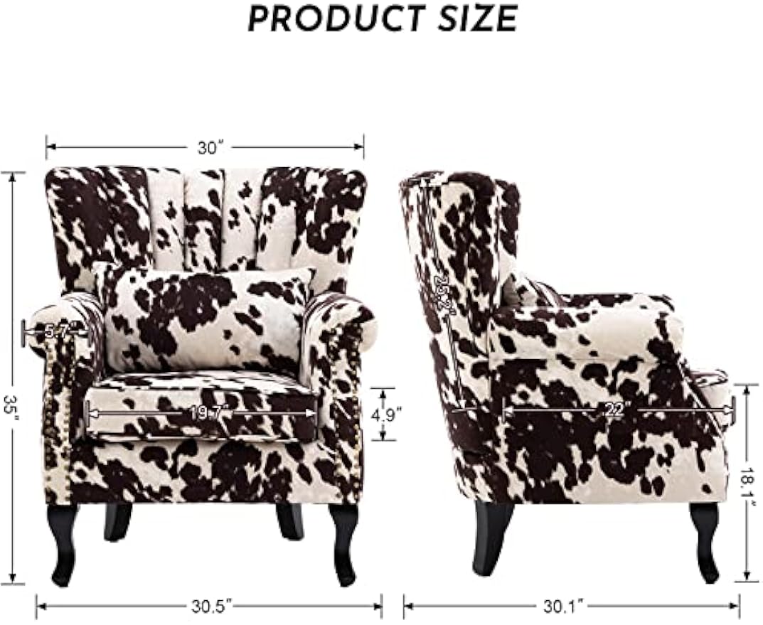 Accent Reading Arm Chairs Midcentury Modern Comfy Corner Sofa Chair, Wingback Waiting Room Club Chair with Tufted Back for Living Room/Bedroom/Reception Room, Fabric Cow