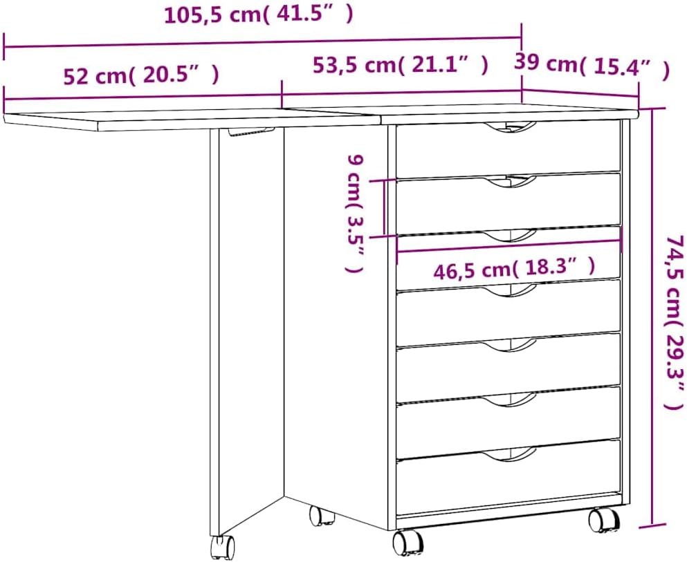 vidaXL Moss 7-Drawer Chest with Foldable Desk, Solid Pine Wood Mobile File Cabinet, Storage Cabinet on Wheels, Chest of Drawers for Home Office, Easy Assembly & Maintenance, Honey Brown