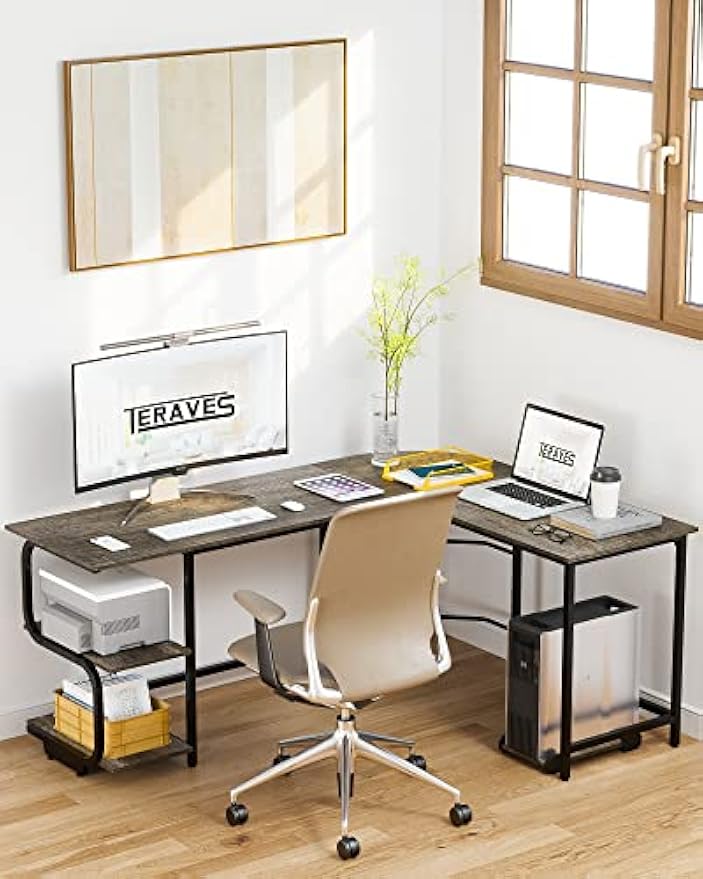 Teraves Reversible L Shaped Desk with Large Surface, 61 Inch Sturdy Corner Desk with Storage Shelves, Premium Office Computer Desk Workstation for Home Office Gaming
