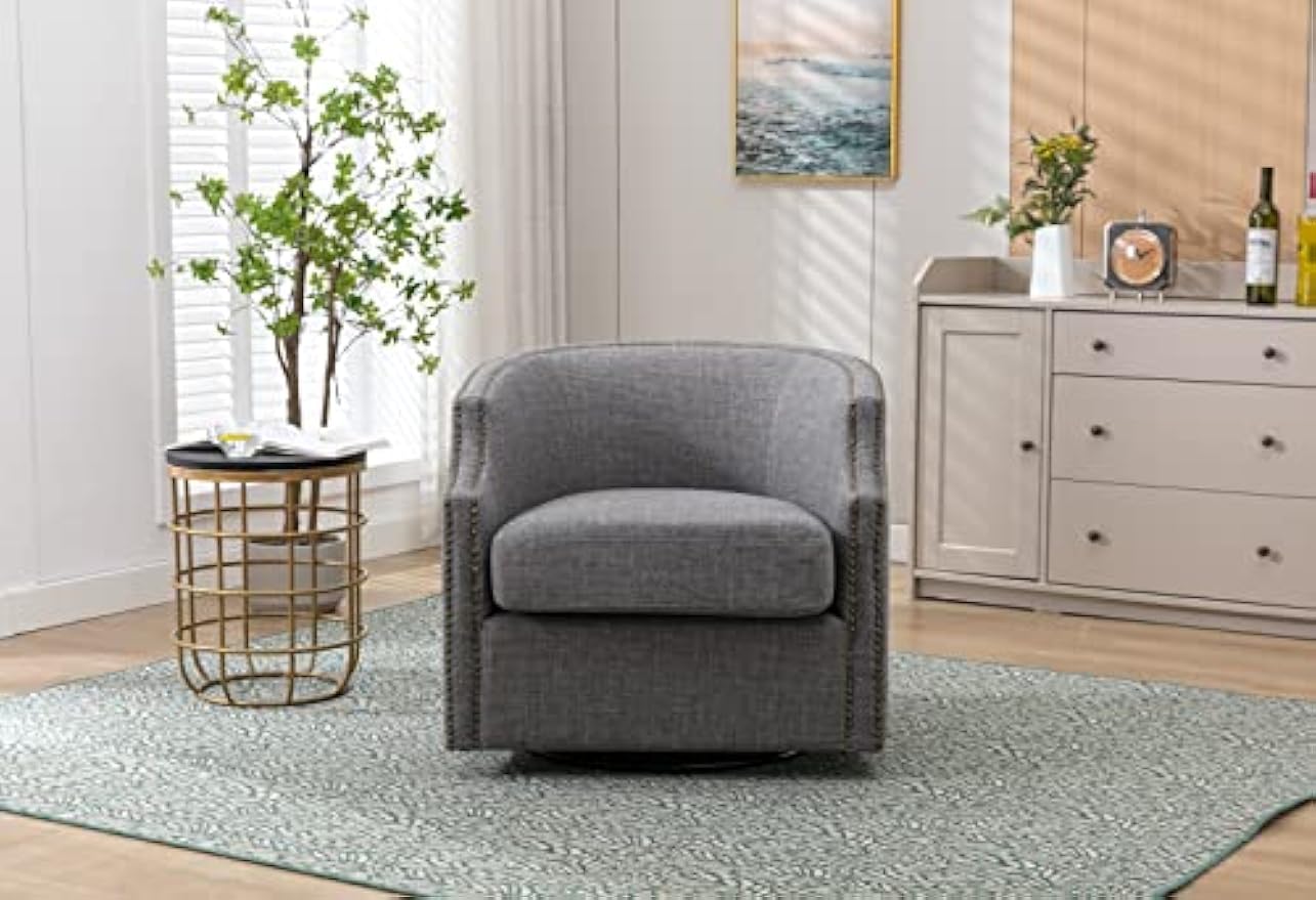 Swivel Glider Armchair for Living Room Bedroom Reading, Mid Century Modern Swivel Accent Chairs Barrel Chair Curved Arm Nailhead- 28.35 x 30.12 x 28.35 in (Dark Gray Linen, Single Club Chair)