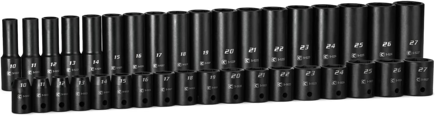 Capri Tools 1/2 in. Drive Shallow and Deep Impact Socket Set, Metric, 10 to 27 mm, 36-Piece with Billet Aluminum Socket Rail (CP55000-36MSDR)