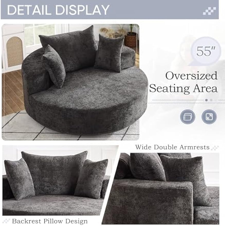 SLEERWAY 55"W Oversized Swivel Accent Chair, Large Barrel Chairs Upholstered Round Swivel Chair, Chenille Single Sofa Armchair, Modern Sleeper Chair for Living Room, Lounge and Projection Room, Black