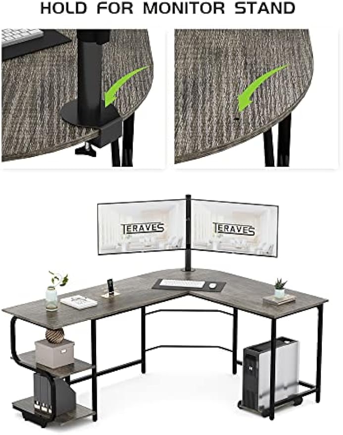 Teraves Reversible L Shaped Desk with Large Surface, 61 Inch Sturdy Corner Desk with Storage Shelves, Premium Office Computer Desk Workstation for Home Office Gaming