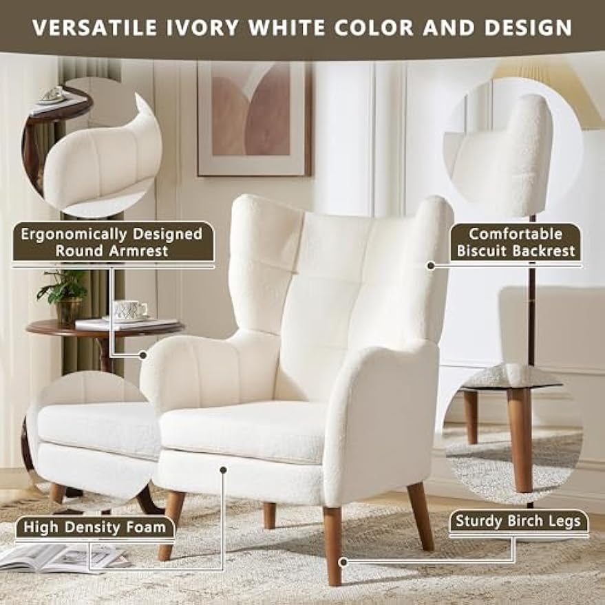 Accent Chair, Ivory White, Modern Retro Club Chair, Birch Frame, Upholstered Teddy Wool Fabric, Single Sofa Armchair for Small Spaces, Living Room, Bedroom, Reading Corner, Balcony,Office