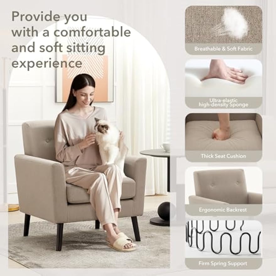 Accent Chair for Living Room Chairs,Mid Century Modern Armchair Comfy Upholstered Reading Accent Chairs,Single Sofa Chair With Wood Legs & Thicker Seat Cushion for Living Room Bedroom,2PCS Grey
