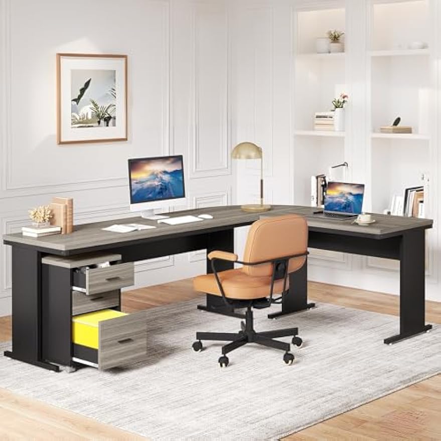 Tribesigns 83 Inch L-Shaped Executive Desk with Drawers, Large Office Computer Desk with File Cabinet, Business Workstation Furniture for Home Office (Gray)
