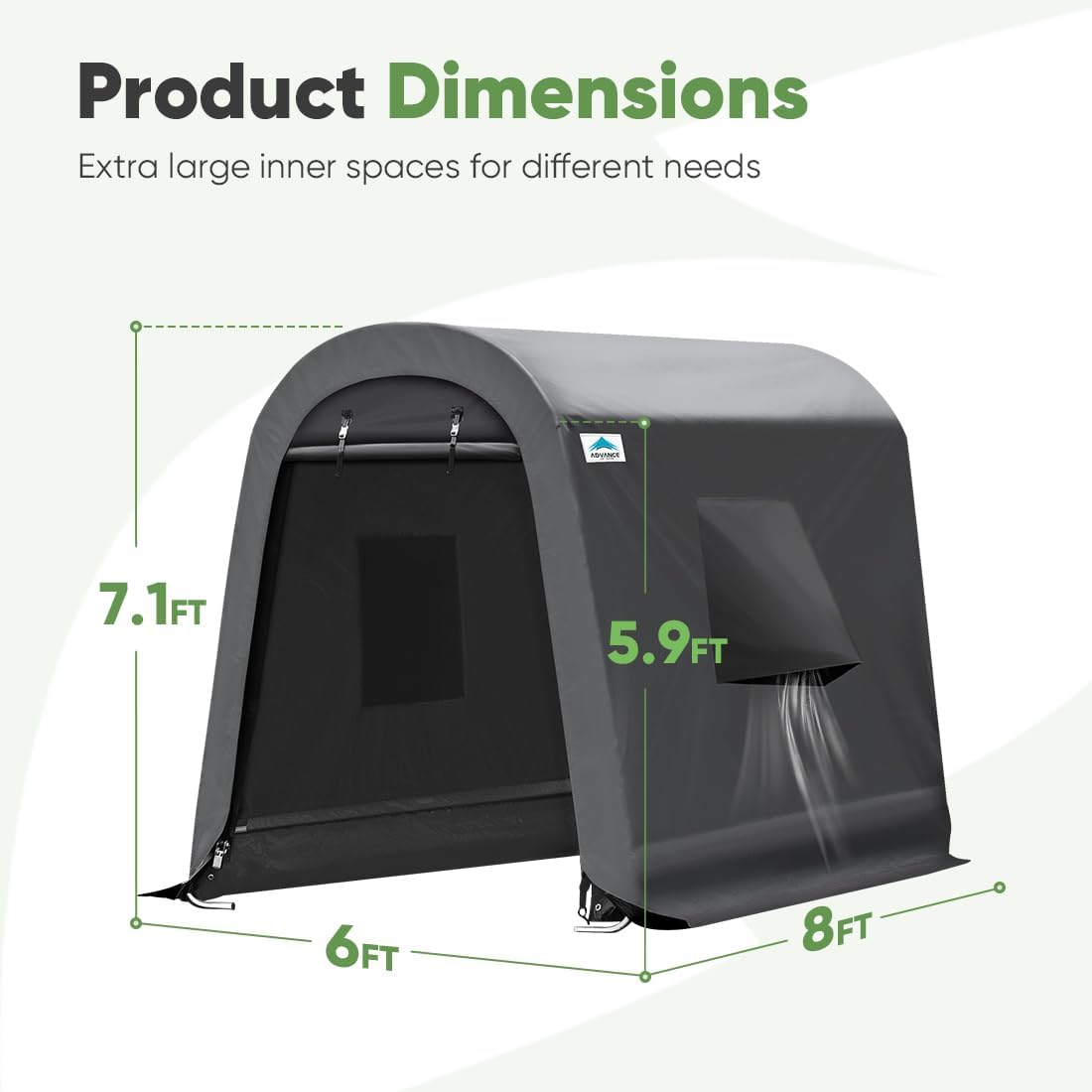 ADVANCE OUTDOOR 6x8 ft Shelter Storage Shed Steel Metal Round Peak Roof Portable Garage Carport for Motorcycle, Boat, or Garden Tools with 2 Roll up Doors & Vents, Gray