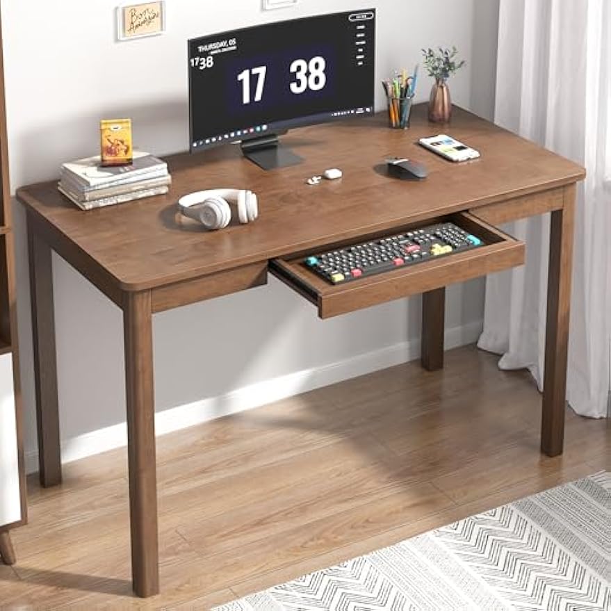 100% Solid Wood Desk with Keyboard Tray - 48 x 24 Inch Computer Desk with Keyboard Tray, Mid Century Modern Writing Desks, Simple Study Table Home Office Desks for Small Spaces|Bedroom-Walnut