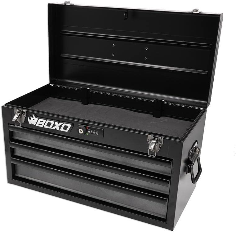 Boxo USA Heavy-Duty 3-Drawer Steel Tool Box - Portable Hand Carry Toolbox Organizer with Ball Bearing Slides & Secure Key & Digital Lock System (Black)