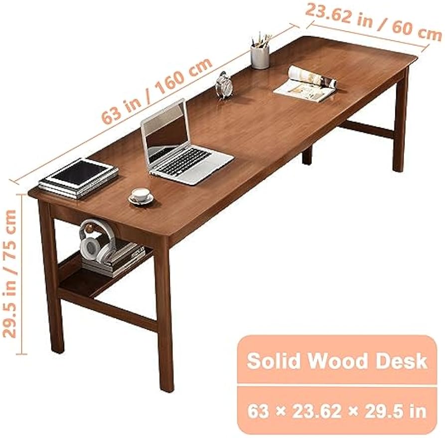 Solid Wood Desk, 63' Mid-Century Modern, Writing Desk, Home Office Workstation