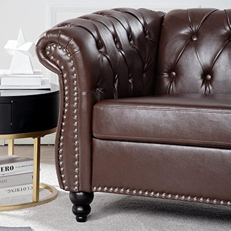 Bellemave Chesterfield Leather Club Chair, Single Tufted Sofa, Throne Chair, Vintage Living Room Furniture, Accent Rolled Arm Chairs for Bedroom Apartment, Dark Brown PU