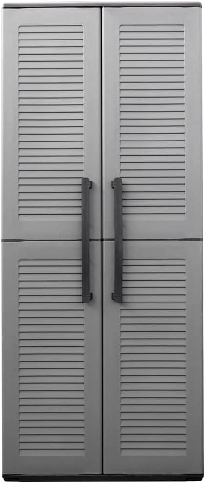 vidaXL Compact Garden Storage Cabinet, Polypropylene Outdoor Tool Organizer, Gray and Black, with Adjustable Shelves and Steel Hinges