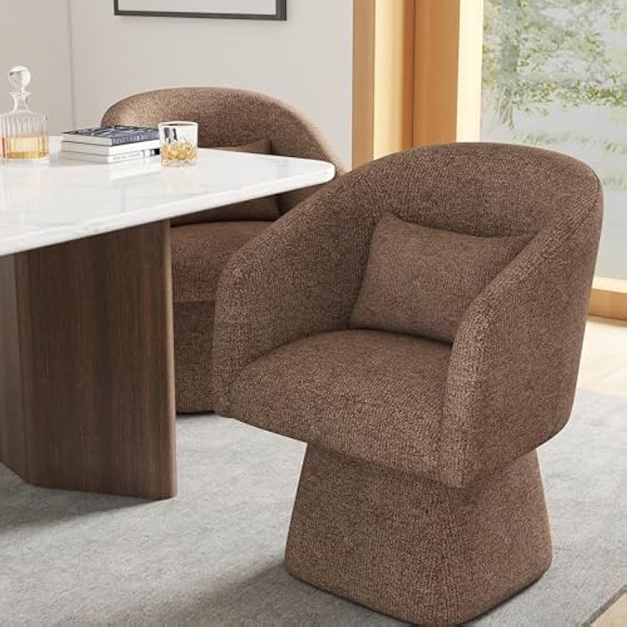 VKNOW Swivel Accent Chair Set of 2, Modern 360°Swivel Barrel Chair with Curve Back Round Arm Chair for Living Room, Bedroom, Reading Room, Brown