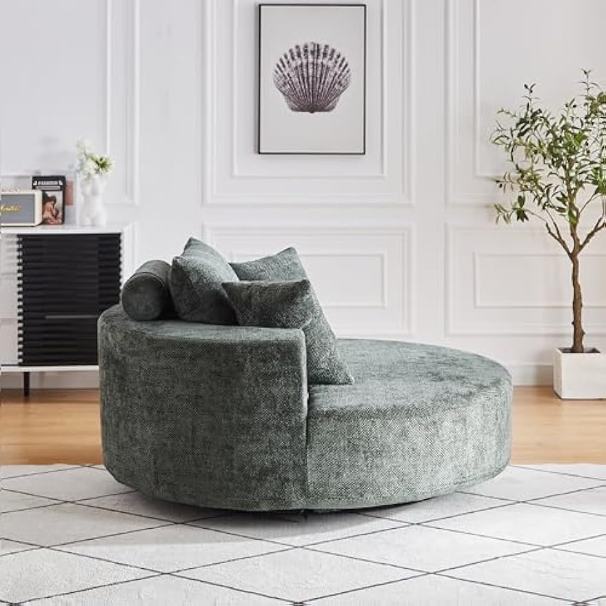55" Oversized Swivel Barrel Chair Accent Chair- 360 Degree Fluffy Chenille Upholstered Round Reading Lounge Armchair Cloud Couch w/Adlustable Headrest and 3 Pillows for Living Room, Office