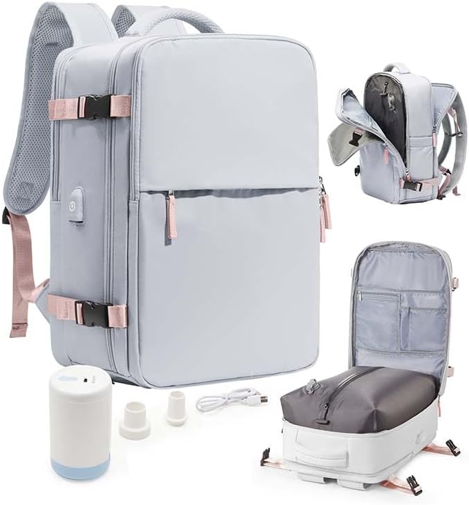 Vacuum Seal Travel Backpack with Air Pump Compression Vacpack Waterproof Carry On Backpack for Travel Women men with Vacuum System Laptop Airlines Approved Daypack Space Saver Bags Black
