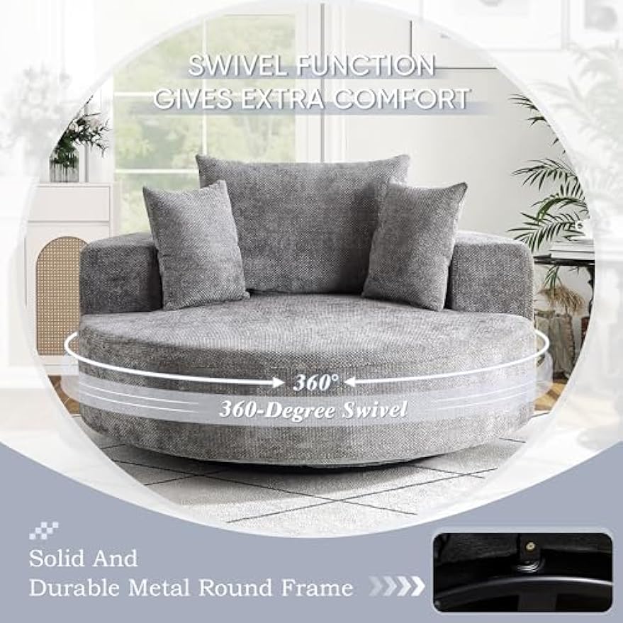 SLEERWAY 55" W Oversized Swivel Accent Chair, Large Barrel Chairs Upholstered Round Swivel Chair, Chenille Single Sofa Armchair, Modern Sleeper Chair for Living Room, Lounge and Projection Room, Grey