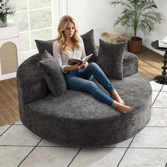 SLEERWAY 55"W Oversized Swivel Accent Chair, Large Barrel Chairs Upholstered Round Swivel Chair, Chenille Single Sofa Armchair, Modern Sleeper Chair for Living Room, Lounge and Projection Room, Black