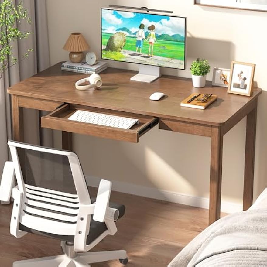 100% Solid Wood Desk with Keyboard Tray - 48 x 24 Inch Computer Desk with Keyboard Tray, Mid Century Modern Writing Desks, Simple Study Table Home Office Desks for Small Spaces|Bedroom-Walnut
