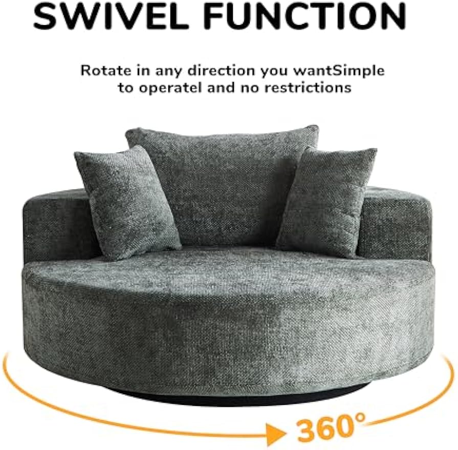 55" Oversized Swivel Barrel Chair Accent Chair- 360 Degree Fluffy Chenille Upholstered Round Reading Lounge Armchair Cloud Couch w/Adlustable Headrest and 3 Pillows for Living Room, Office