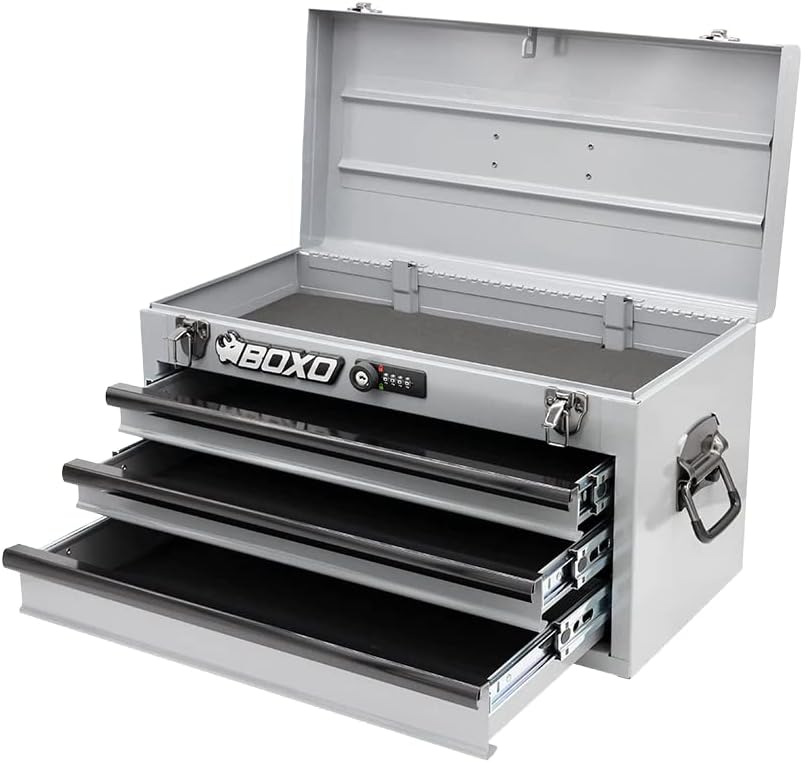 Boxo USA Heavy-Duty 3-Drawer Steel Tool Box - Portable Hand Carry Toolbox Organizer with Ball Bearing Slides & Secure Key & Digital Lock System (Black)