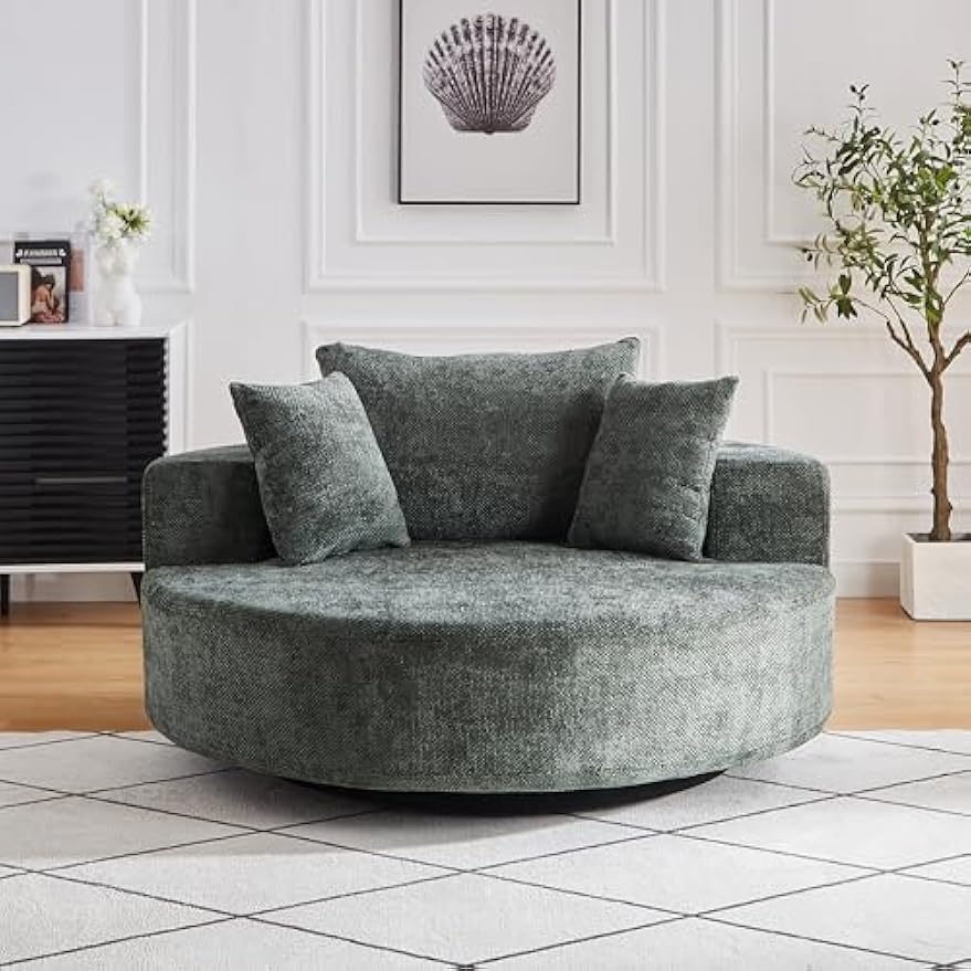 55" Oversized Swivel Barrel Chair Accent Chair- 360 Degree Fluffy Chenille Upholstered Round Reading Lounge Armchair Cloud Couch w/Adlustable Headrest and 3 Pillows for Living Room, Office