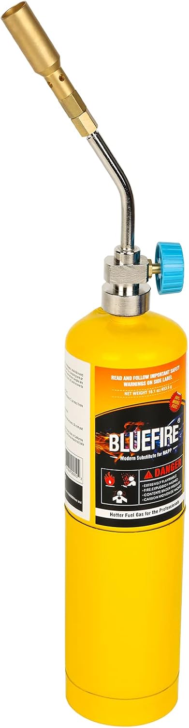 BLUEFIRE Solid Brass Pencil Flame Gas Welding Torch Head Nozzle Professional Upgrade Kit with MAPP All-Purpose Bundle with hard box interchangeable heads Fuel by MAP Pro Propane CGA 600 Cylinder