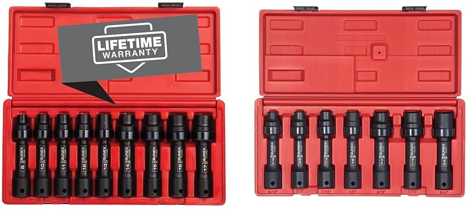 SUNEX TOOLS 2695, ½ Inch Drive Driveline Limited Clearance Socket Set, 12-Point, 9-Piece, Metric, 8mm-17mm, Cr-Mo Steel, Heavy Duty Storage Case